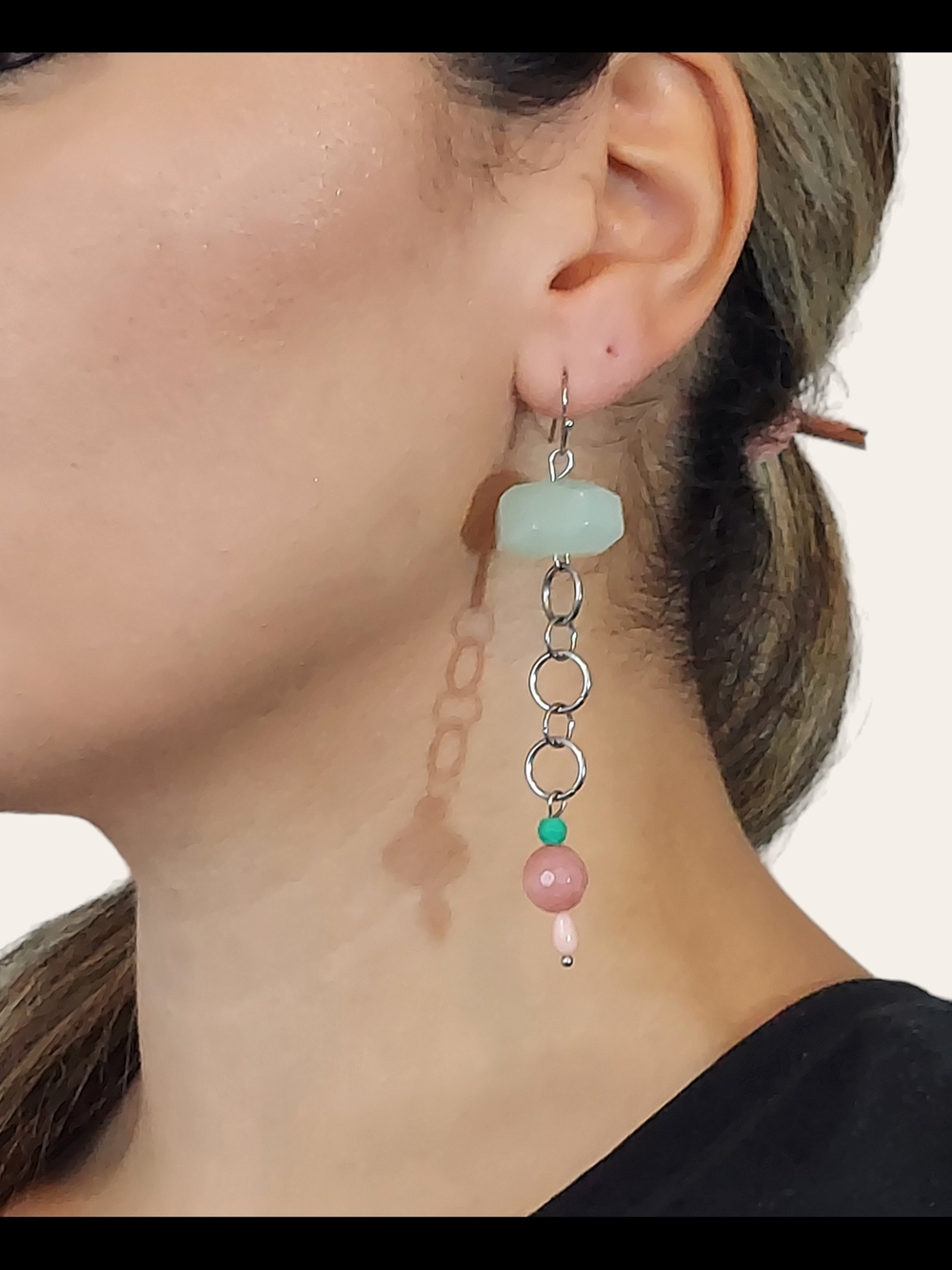 Stainless Steel Green and Pink Jade Beaded Drop Earrings - Women Jewelry